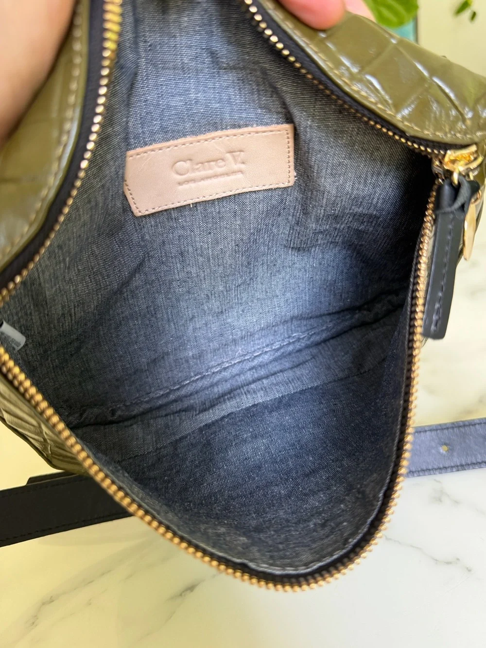 Clare V. Fanny Pack Crossbody Belt Bag Olive Green Croc Embossed Leather - Picture 8 of 8